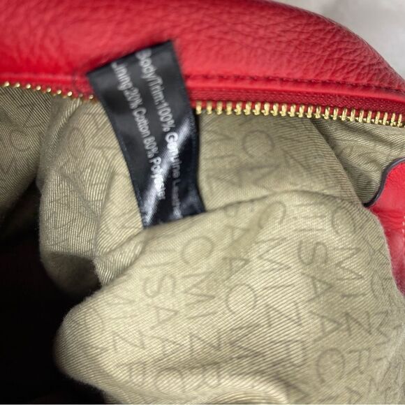 Isaac Mizrahi leather blood orange red shoulder bag with brown trims. - Picture 8 of 13